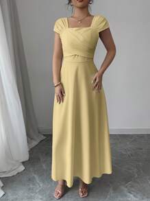 Modelyn Đầm thường ngày cổ vuông màu trơn thanh lịch cho nữ mùa hè - Màu vàng - Xem 4