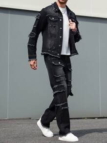 Manfinity LEGND Men's Casual Everyday Distressed Denim Jacket And Black Jeans Set - Black - View 5