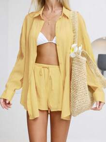 Sunnyshic 2 件套女士休闲亚麻混纺衬衫和短裤套装，纯色纽扣宽松长袖衬衫搭配低腰短裤，适合春夏季度假和日常穿着