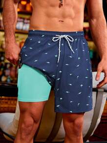 Manfinity Swimmode Men's Shark Print Pocket Lined Beach Shorts - Multicolor - View 3