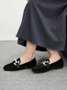 CUCCOO BIZCHIC Women Velvet & Canvas 2025 Spring New Arrival Crystal Embellished Mary Jane Flats, Fashionable - Black - View 3