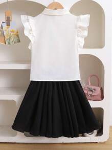 SHEIN Tween Girls' Cute Summer School Back-To-School Black And White 2 Pieces Set,Woven Cap Sleeve Bow Ruffle Trim White Blouse And Black Pleated Skirt - Black and White - View 2