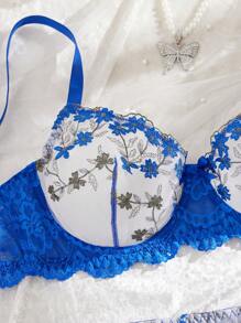 SHEIN 5件套大码女士性感蕾丝拼布刺绣内衣套装 - 藍色 - 查看 4