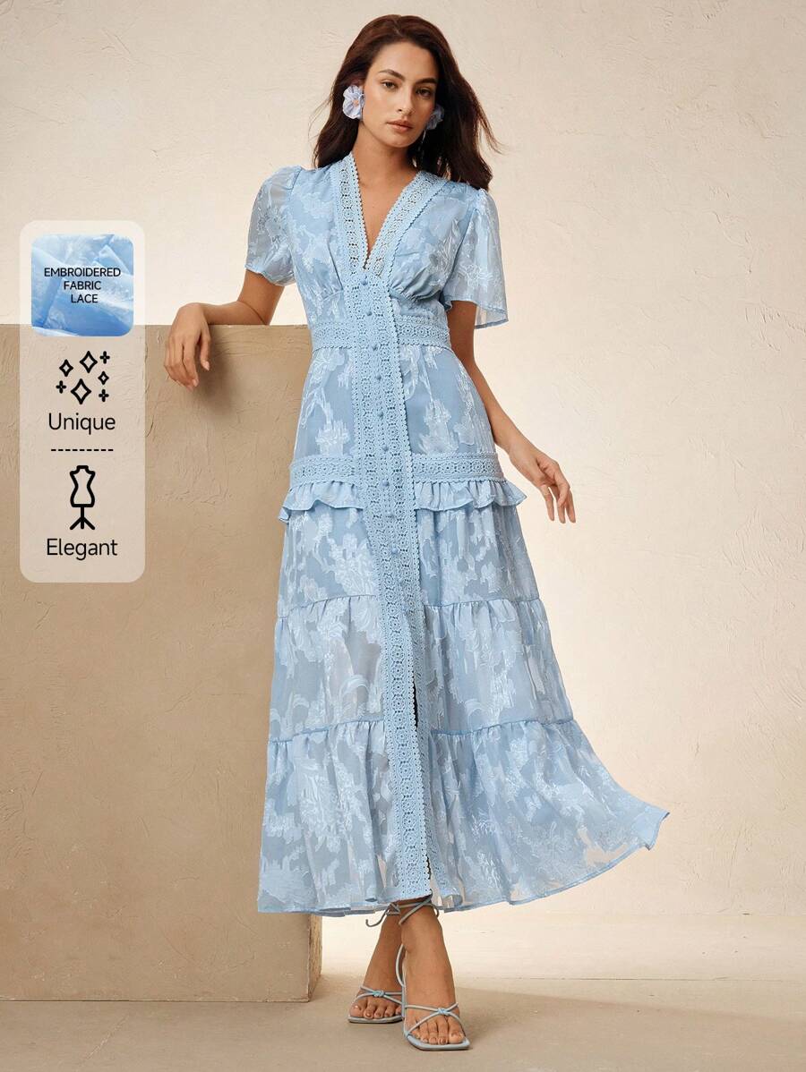Anewsta Vestido elegante de manga corta con encaje en azul para damas, perfecto para festivales de música de primavera y verano - Azul - Ver 1