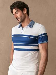 Manfinity ModaGents Camisa polo de manga corta raglán de ajuste ceñido con estampado de patrón a rayas para hombre