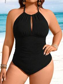SHEIN Swim 大码纯色纹理面料露背吊带连体泳衣 - 黑色 - 查看 3