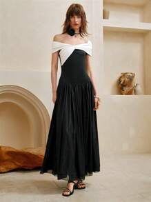 SHEIN LUNE 女士雪纺拼接优雅露肩荷叶边下摆拼色连衣裙、夏季连衣裙、太阳裙、黑色连衣裙、毕业典礼、生日装、派对