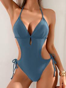 Bestselling Beach Swimsuit, One-Piece Sexy Solid-Color, Spring/Summer - Dusty Blue - View 3