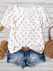 SHEIN LUNE Áo cánh tay bồng ngắn cổ vuông in họa tiết quả anh đào cỡ lớn cho nữ - trắng - Xem 1