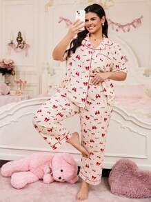 Plus Size Bow & Cherry Print Pajama Set - Multicolor - View 4