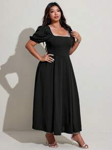 Viva Relle Plus Size Summer Elegant Faux Pearl Beaded Puff Sleeve Dress - Black - View 5