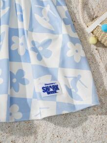 Shark Week X SHEIN Váy yếm in họa tiết hoa và kẻ caro cho bé gái, dễ thương và tươi mát cho mùa hè - Màu xanh lam - Xem 3