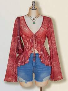 SHEIN ICON 大码复古佩斯利印花前系带针织上衣，喇叭袖透明网眼印花衬衫，夏季度假 - 彩色 - 查看 1