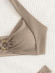 SHEIN Swim Summer Beach Women's Solid Color Halter Neck Bra & Swim Bottom Bikini Set Bathing Suit Brown Bikinitwo Piece Bikini - Grey - View 5