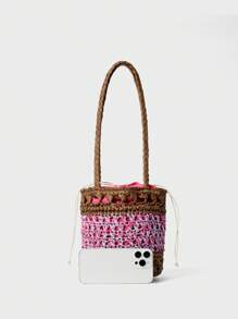 SHECARRY Women Straw Woven Bucket Handbag, Shoulder Bag In Rose Red - Multicolor - View 5