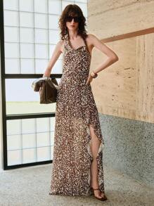 SHEIN LUNE Damen Chiffon Rüschensaum. Böhmischer Vintage-Druck, asymmetrisches Schlitzdesign, Neckholder-Rückenloses Maxikleid, Sommer, Urlaubsoutfits Frau, Urlaubskleid