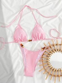 Swim Vcay 2pcs Springbreak Vacation Beach Solid Color Asymmetrical Beaded Halter Tie Sexy Bikini Set For Summer - Pink - View 3