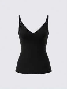 SHEIN BASICS 女士纯色针织修身吊带背心 - 黑色 - 查看 1