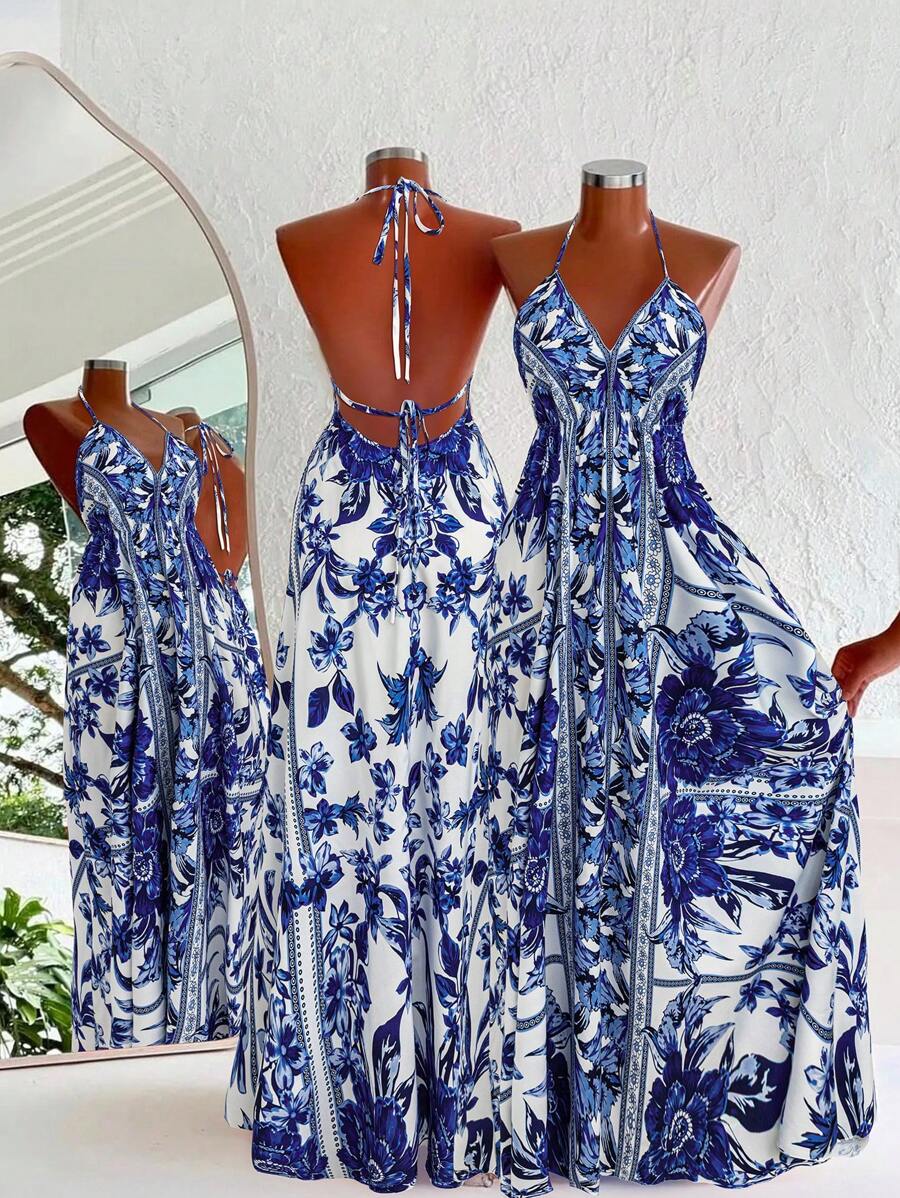 Sweetra Vestido informal de playa con cuello en V para mujer talla grande - Azul - Ver 1