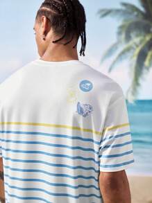 Shark Week X SHEIN Men's Casual Striped Shark Print Round Neck Short Sleeve T-Shirt, Summer - Multicolor - View 5