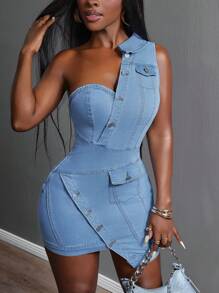Slaydiva 女式无袖单排扣半开襟修身性感牛仔连衣裙 - 淺色水洗藍 - 查看 2