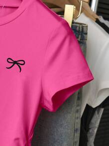 Teen Girl Casual & Versatile Minimalist Front Bow Print Short Sleeve T-Shirt