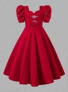 女童红色纯色短袖连衣裙，年轻女士红色串珠泡泡袖连衣裙，露背蝴蝶结设计，时尚甜美复古风格，优雅公主裙