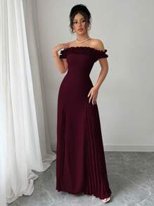 Elenzga 露肩荷叶边饰腰部喇叭下摆褶皱雪纺优雅浪漫女士连衣裙 - 酒紅色 - 查看 5