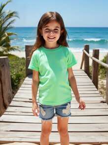 SHEIN Young Girl' Basic Round Neck Short Sleeve Green Solid T-Shirt - Green - View 5