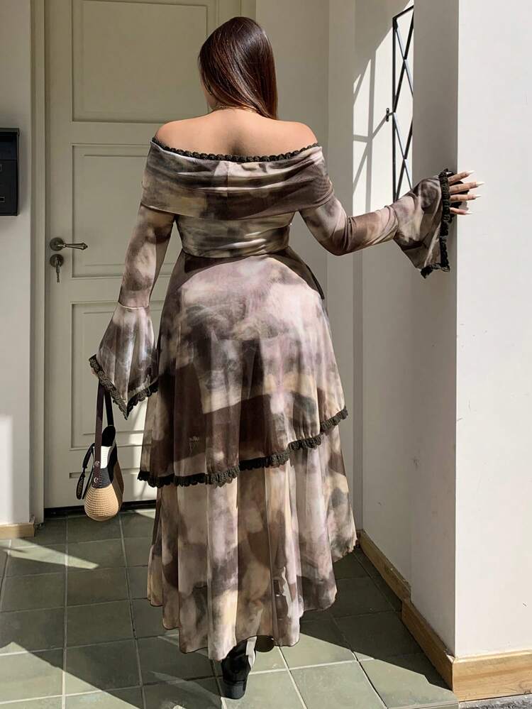 Dazy Plus Plus Size Asymmetrical Tie Dye Gradient Splice Lace Trim Flared Sleeve Split Hem Elegant Off Shoulder Dress,Casual Women Dresses,Fall Dress Long Sleeve Dress