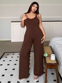 Dazy Plus Solid Color Fitted Jumpsuit Sleepwear - Brown - View 8