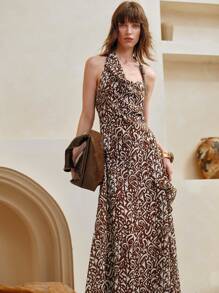 SHEIN LUNE Damen Chiffon Rüschensaum. Böhmischer Vintage-Druck, asymmetrisches Schlitzdesign, Neckholder-Rückenloses Maxikleid, Sommer, Urlaubsoutfits Frau, Urlaubskleid