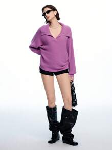 SHEIN EZwear Luźny zielony sweter z kołnierzykiem i rękawami biskupimi - Fioletowy - Zobacz 5