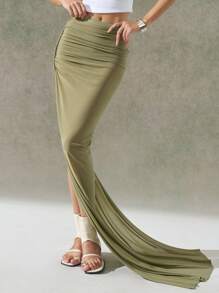 LYSMO Green Solid Color A-Line Skirt, Fashionable For Summer