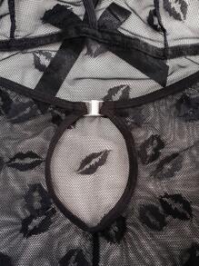 Sexy Lip Pattern Mesh Sheer Short Bodycon Nightgown Babydoll , See Through Dress UnderwearOuter