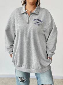 SHEIN CURVE+ Plus Size Women's Loose Fit California Graphic Print Lightweight Turtleneck Half Zip Sweatshirt, Autumn Winter Graduation,Back To School Outfits,Graduation,Teacher Outfits For Women,Back To School Fall