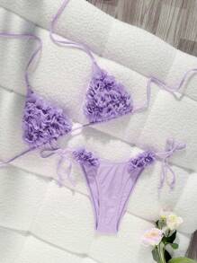 Swim Chiccia Beach Outfit For Women: 2 Pieces Swimsuit Set With Solid Color Elegant Halter Neck, Thin Strap, 3D Floral Decor, Casual Holiday Style For Summer Beach Vacation