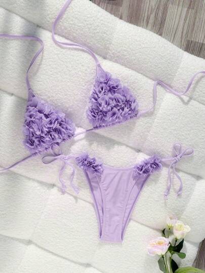 Swim Chiccia 女士沙滩装：2 件套泳衣套装，纯色优雅露背领口，细肩带，3D 花卉装饰，休闲假日风格