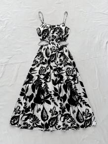 Soleia Women's Vacation Black Floral Print Hollow Out Waist Sleeveless Long A-Line Dress, Suitable For Christmas, Party, Valentine's Day, Date, Afternoon Tea - Black and White - View 3