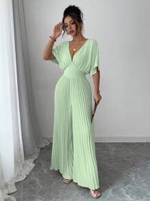 SHEIN PETITE 纯色深V领蝙蝠袖褶皱优雅女式连体裤 - 綠色 - 查看 5