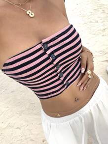 SHEIN Unity 女士休闲条纹短款吊带背心，正面有纽扣 - 彩色 - 查看 1