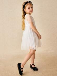 SHEIN Young Girls & Elegant Mesh Patchwork Puff Sleeve Dress - White - View 6