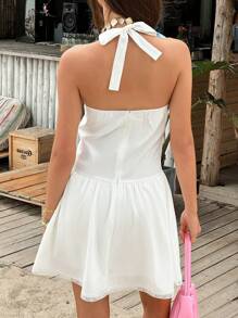 Jouncy Gaun Wanita Polos Model Halter Neck, Modis untuk Musim Panas - Putih - View 2