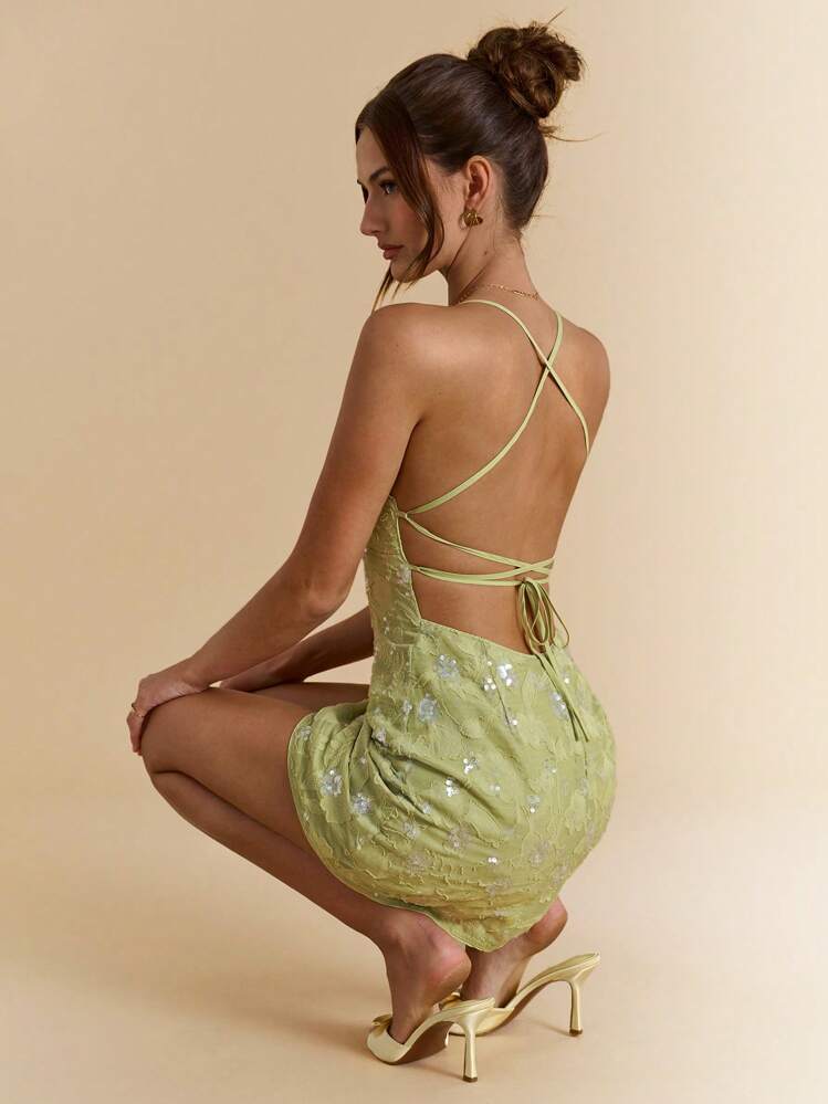 SHEIN BAE Summer Women's Backless Sequin Jacquard Green Resort Mini Dress,Mint Green Dress - Green - View 3