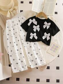 SHEIN 2pcs/Set Young Girl Bow Decor Short Sleeve T-Shirt And Pants, Casual Outfit - Multicolor - View 9