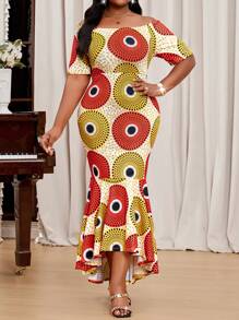 SHEIN Lady  Spring And Summer Elegant Plus Size Flounce Sleeve Mermaid Off The Shoulder Orange Yellow Plus Size Dresses Valentine's Day New Year Party Women Dress Vacation Outfits Woman - Multicolor - View 6