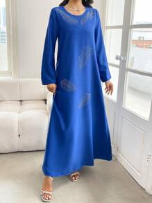 SHEIN Najma 女士宽松优雅休闲水钻装饰长袍，端庄 - 藍色 - 查看 3