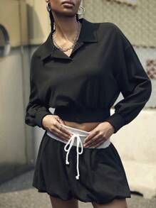 SHEIN Sports 女士纯色落肩长袖短款上衣和迷你裙户外套装 - 彩色 - 查看 6