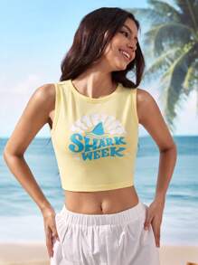 Shark Week X SHEIN 女士夏季休闲鲨鱼印花修身短款背心 - 黃色 - 查看 7