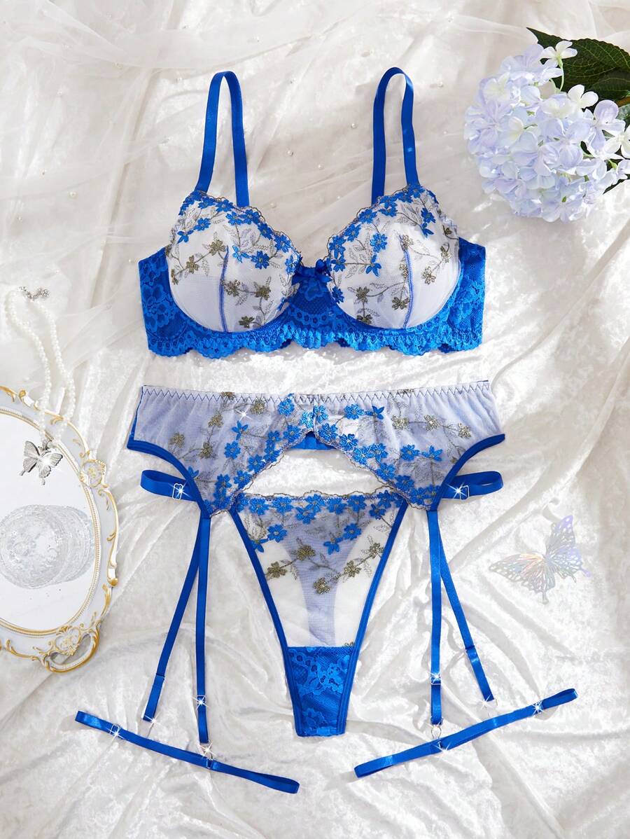 SHEIN 5件套大码女士性感蕾丝拼布刺绣内衣套装 - 藍色 - 查看 1